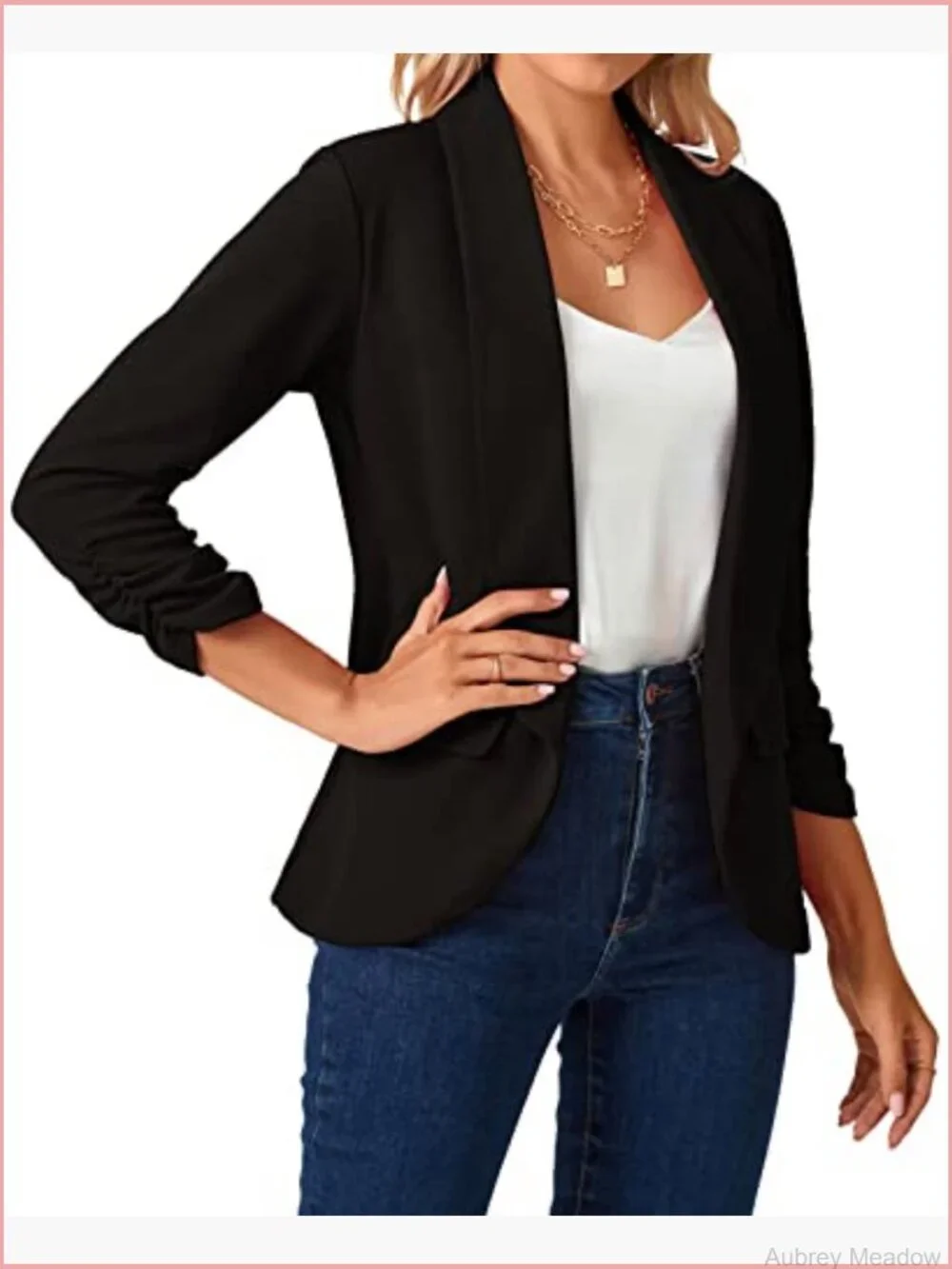 Women's Open Front Blazer 3/4 Ruched Sleeve Shawl Collar Business Work Jacket